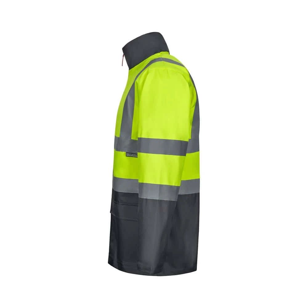 Högsynlig arbetsväst i reflexmaterial och polyester.