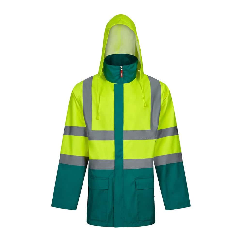 Reflexparkas i tvåfärgad design med hög synlighet och vattentätt material.