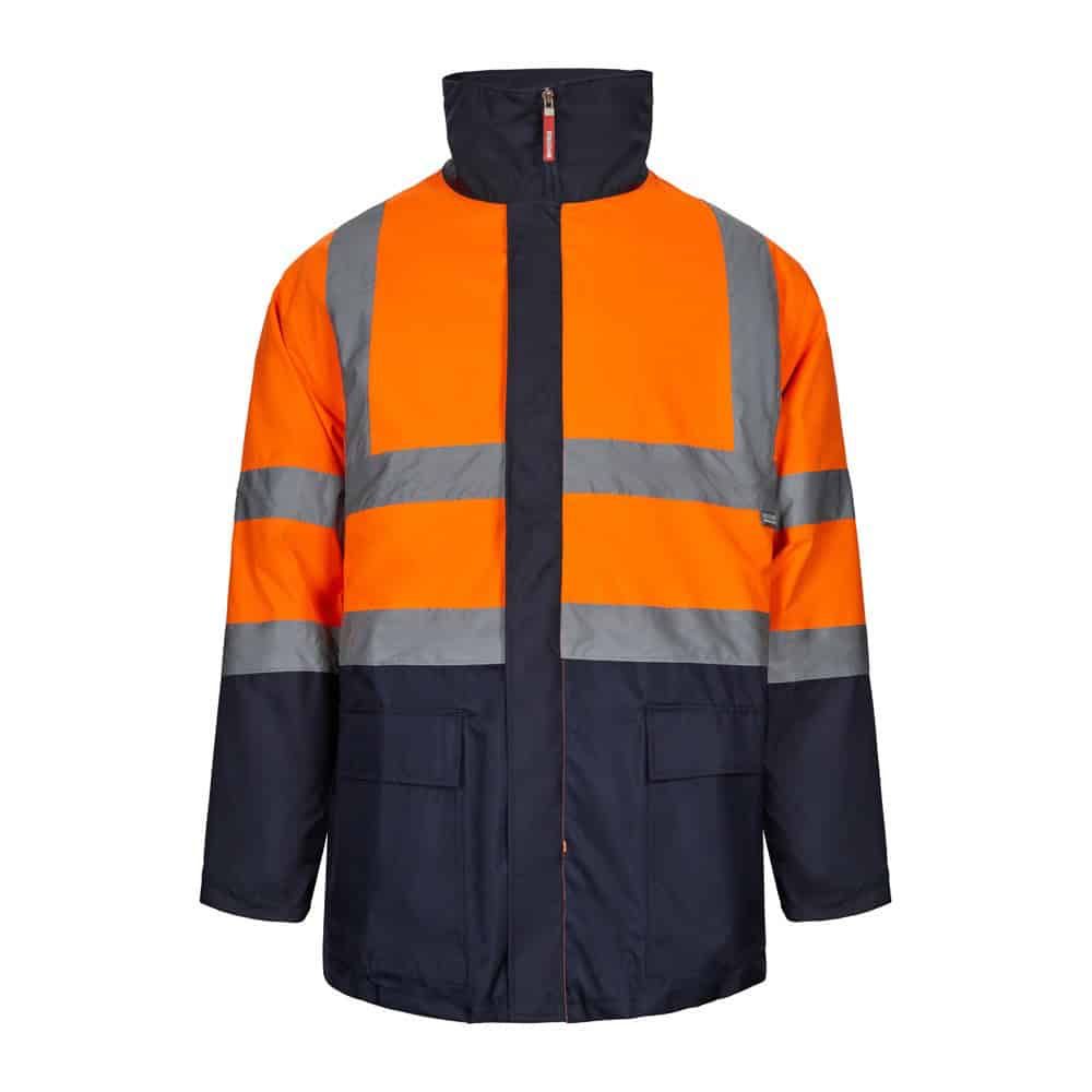Reflexväst för arbetskläder i orange och grått, med hög synbarhet och funktionell design.