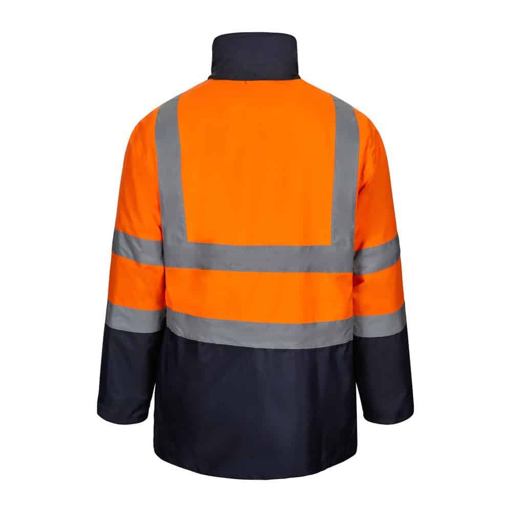 Reflekterande arbetsväst i orange och navyblått.