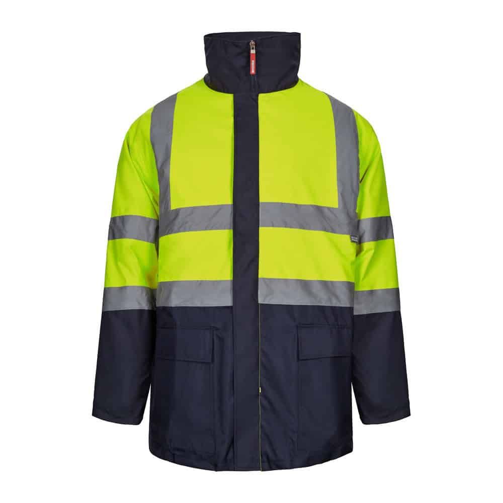 Reflexjacka i tvåfärgad design med hög synlighet och vattentålig polyester. Perfekt för arbetsmiljöe.