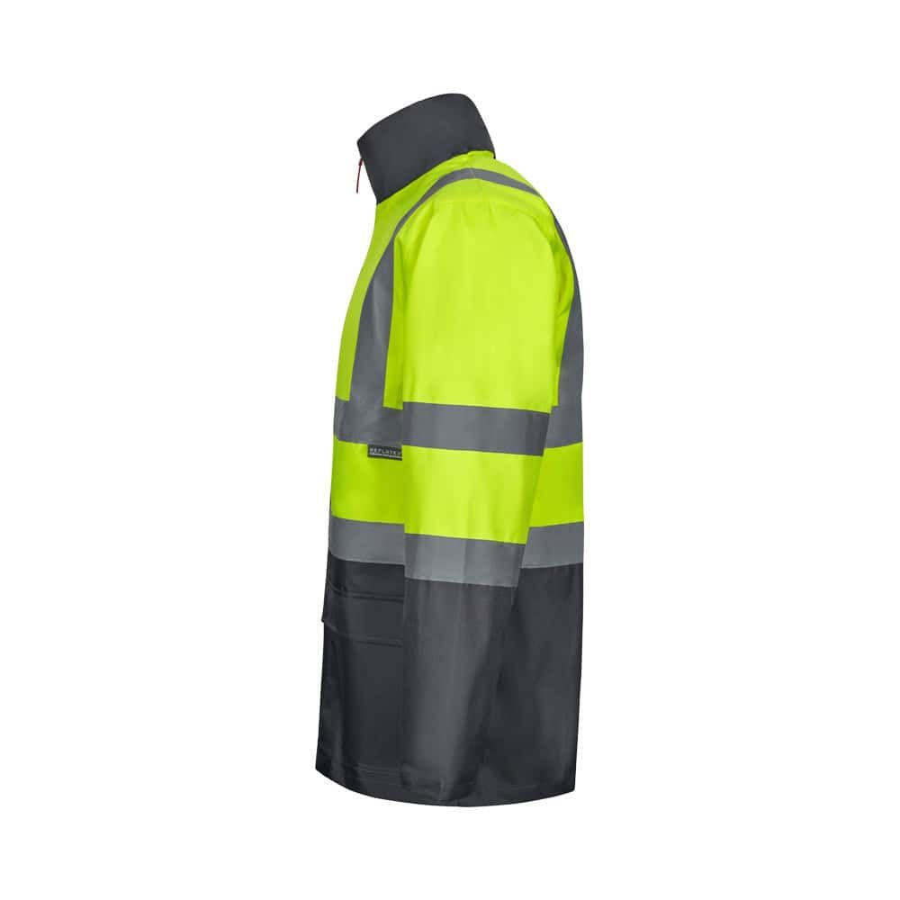 Svart och gul reflexparkas för säkerhet och synlighet.