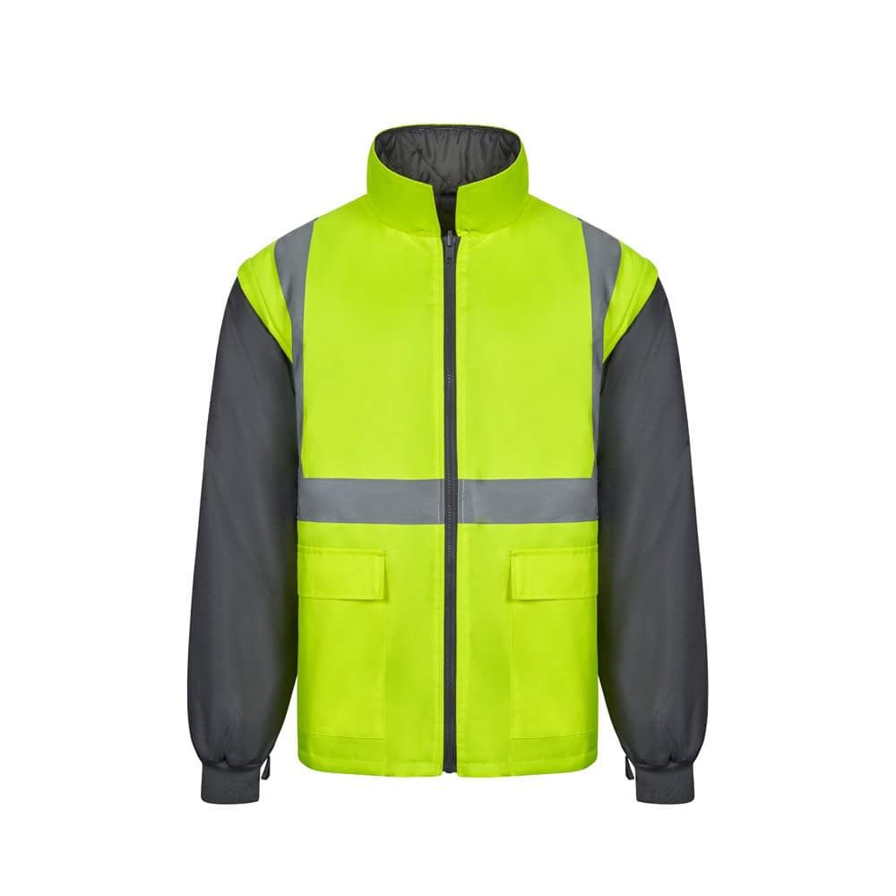 Reflekterande arbetsväst i polyester, gul/svart, 4-i-1, 180g/m².