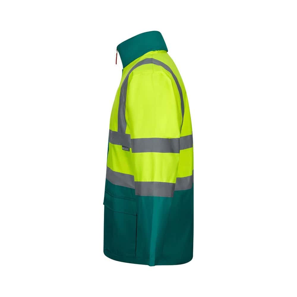 Tvåfärgad 4-i-1 parkas i polyester med PU-beläggning, hög synlighet och reflekterande band.