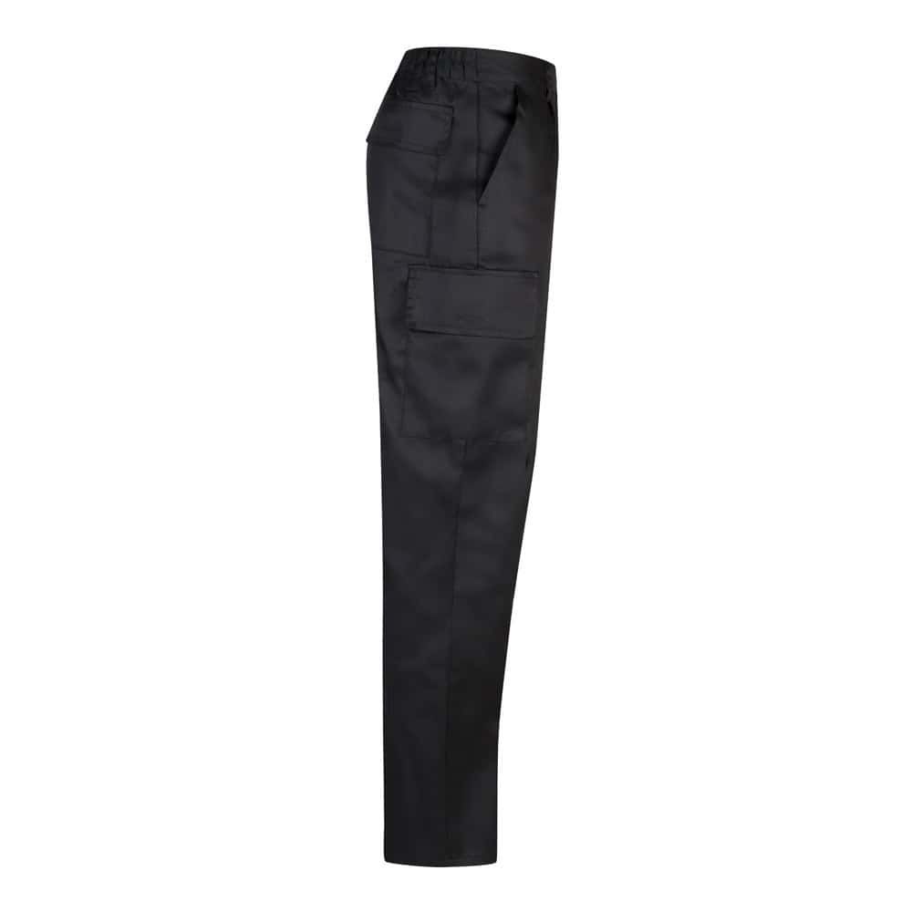 Svarta twillbyxor med flera fickor i bomull och polyester, för arbetsbruk.