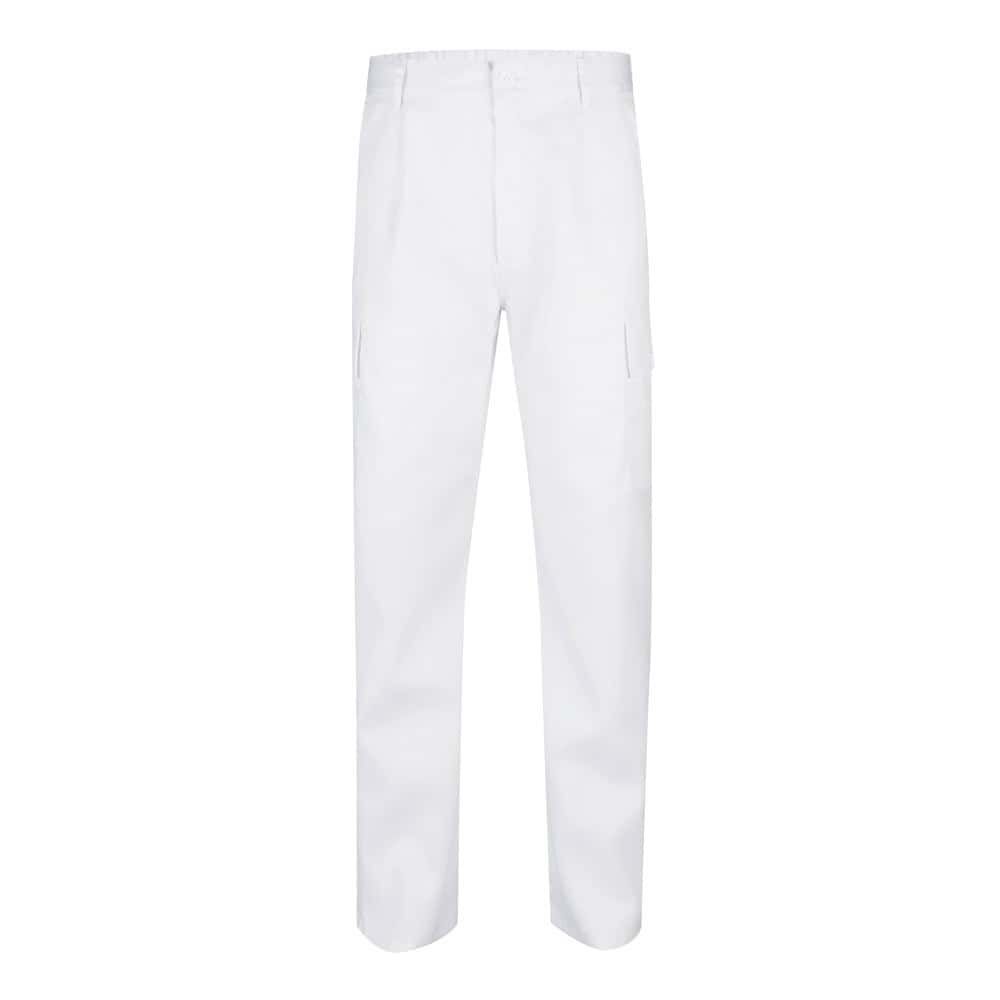 Vita twillbyxor med flera fickor i bomull och polyester, för arbetsbruk.