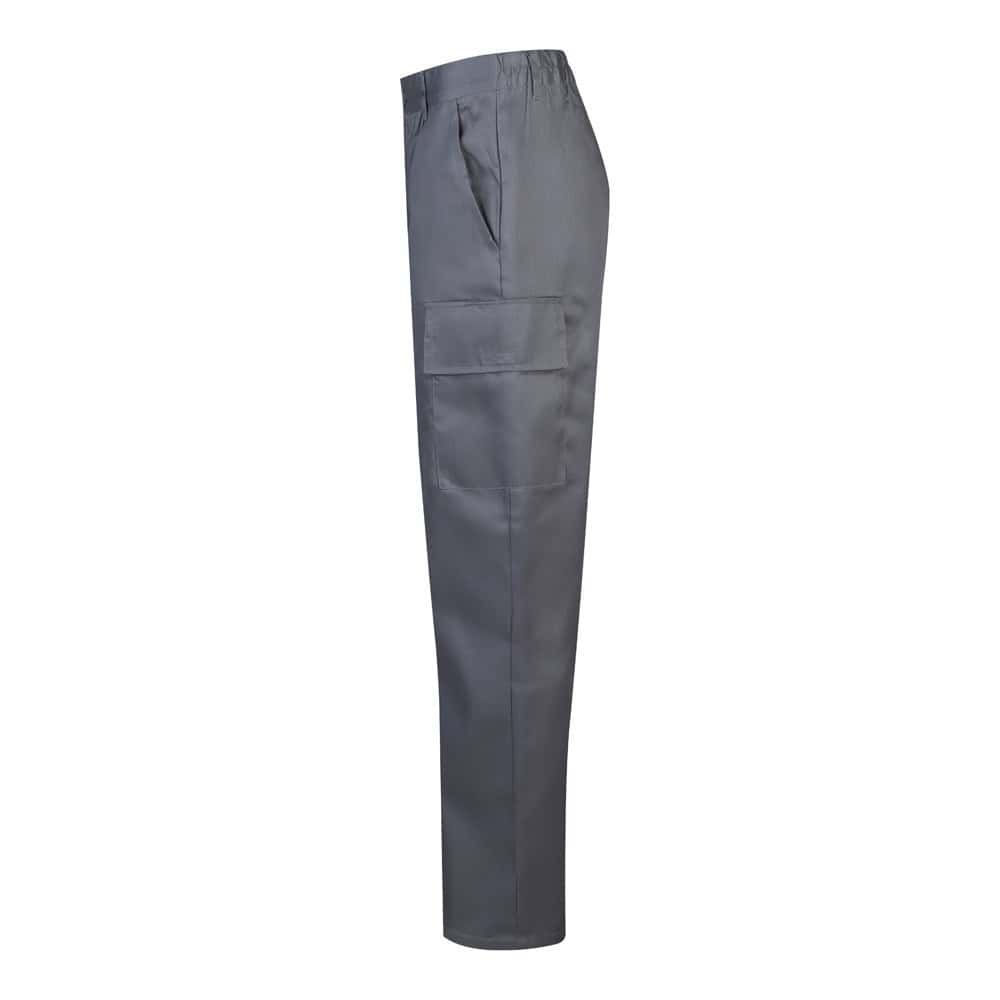 Grå twillbyxor med flera fickor i bomull och polyester, för arbetsbruk.