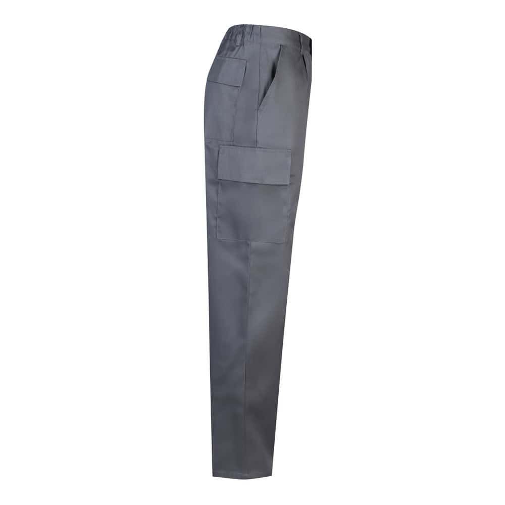 Grå twillbyxa med flera fickor i bomull och polyester, för arbetsbruk.