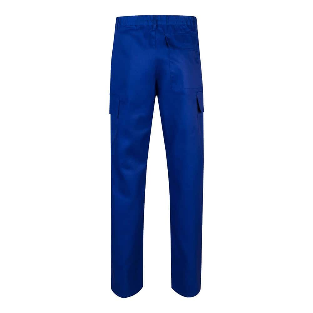 Blå twillbyxor med flera fickor i bomull och polyester.