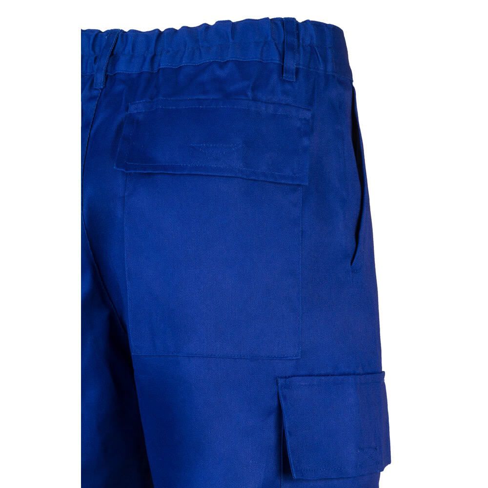 Blå twillbyxor med flera fickor i bomull och polyester.