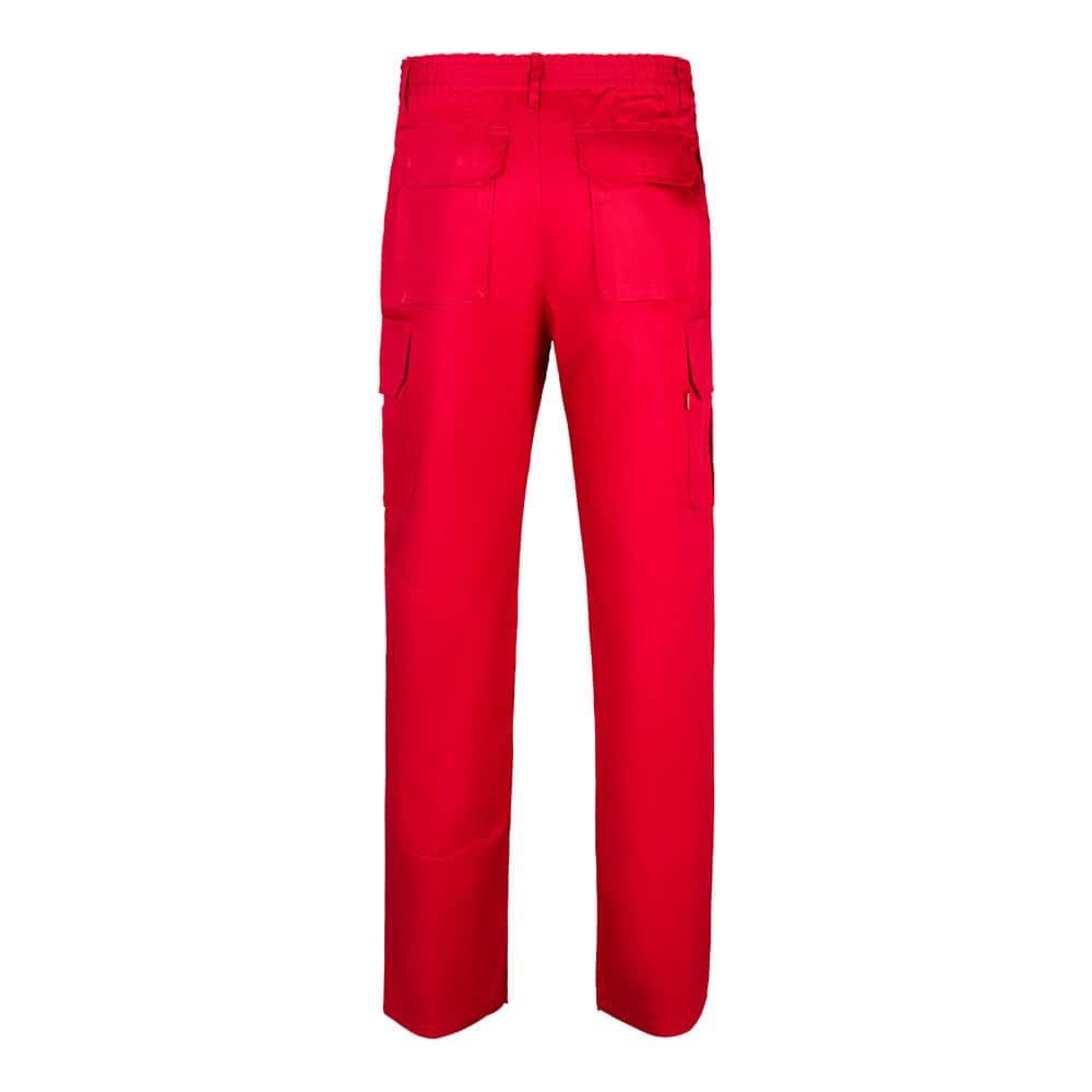 Röd twillbyxa med flera fickor i bomull och polyester, 200g/m².