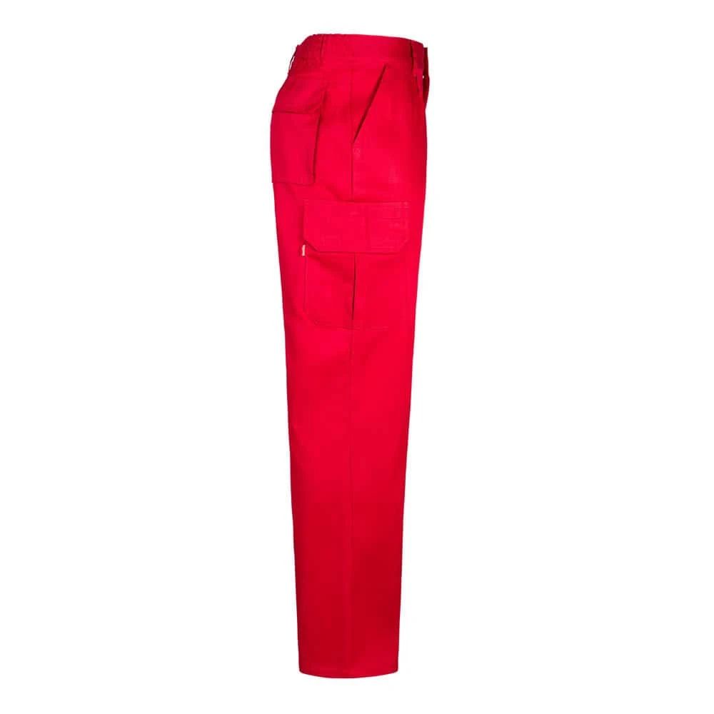 Röd twillbyxa med flera fickor i bomull och polyester, för arbetsbruk.
