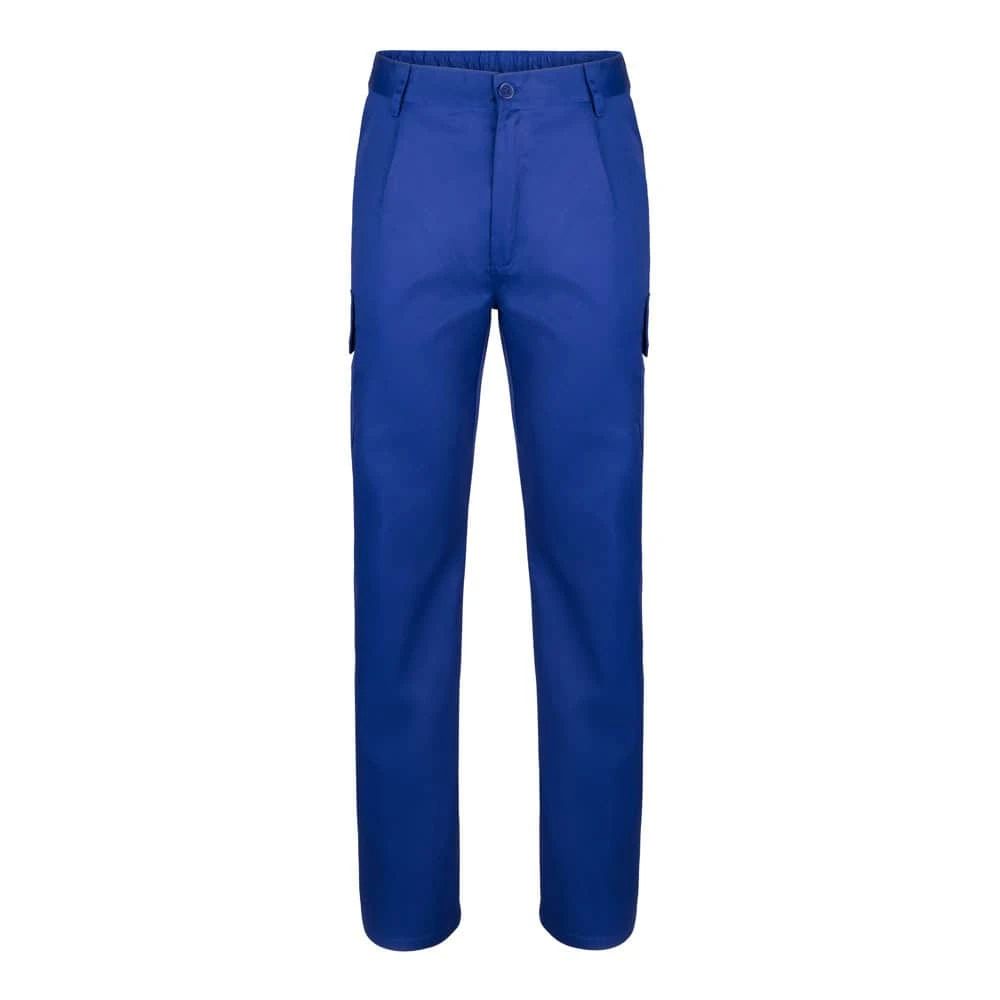 Blå twillbyxor med flera fickor för arbetsbruk, 200g/m², i bomull och polyester.