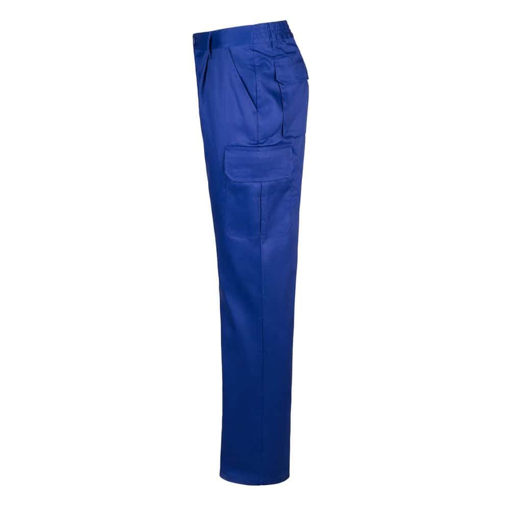 Blå twillbyxa med flera fickor i bomull och polyester, arbetskläder.