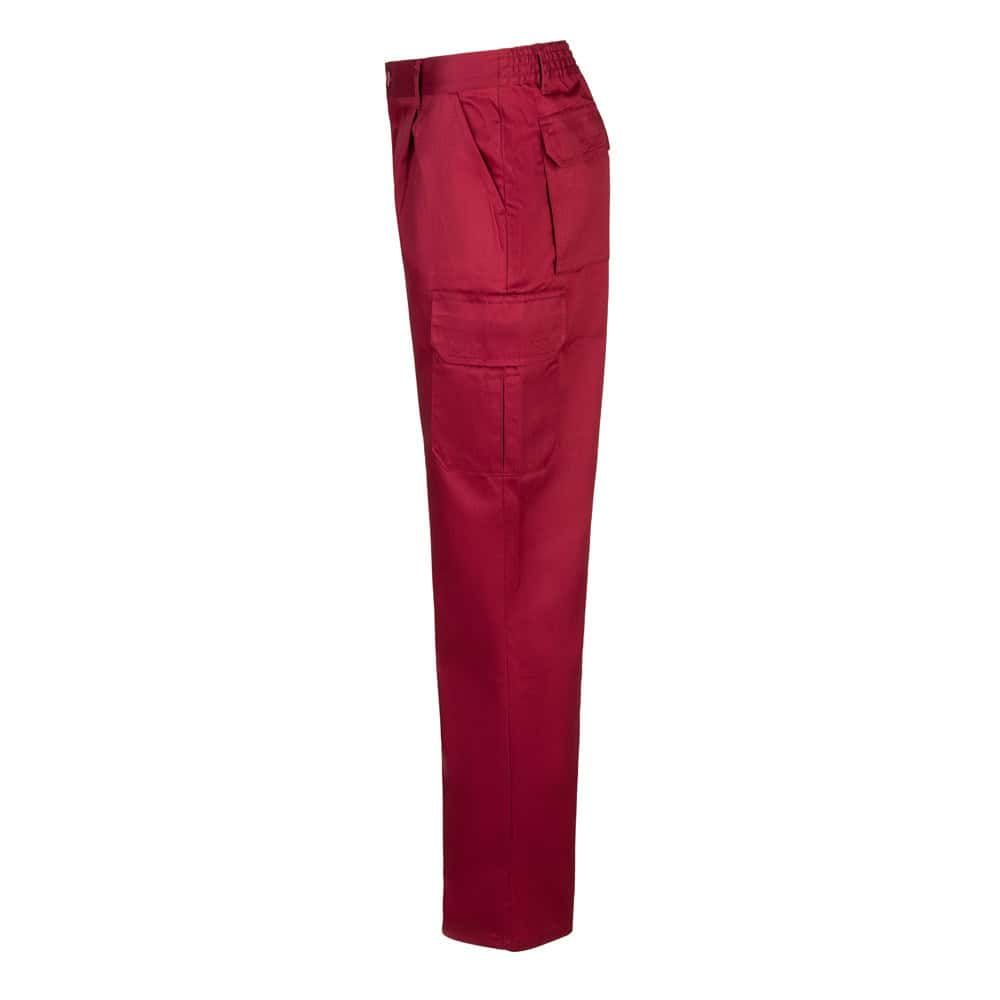 Röd twillbyxa med flera fickor i bomull och polyester, 200g/m².