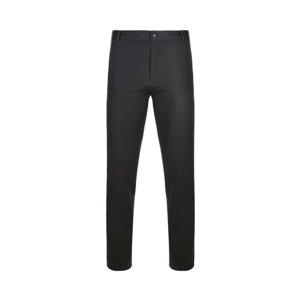 Svarta stretch chinobyxor i bomull och elastan, unisex design.
