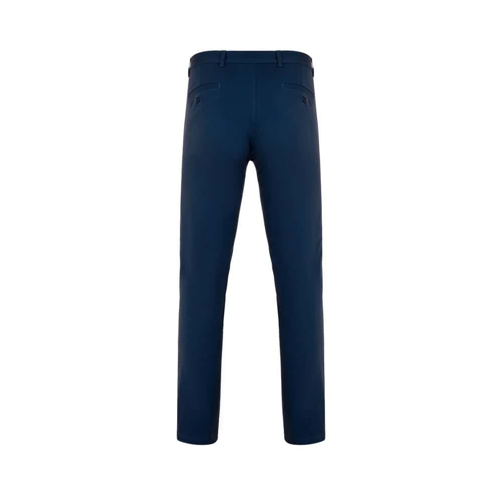 Mörkblå unisex chinobyxor i stretchmaterial, bomull och elastan.