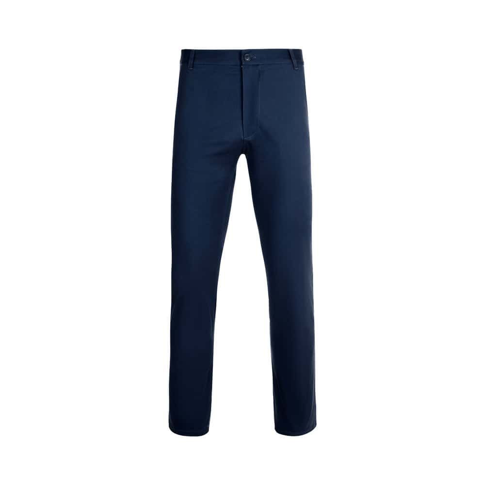 Mörkblå stretch chinobyxor i bomull och elastan, unisex design.