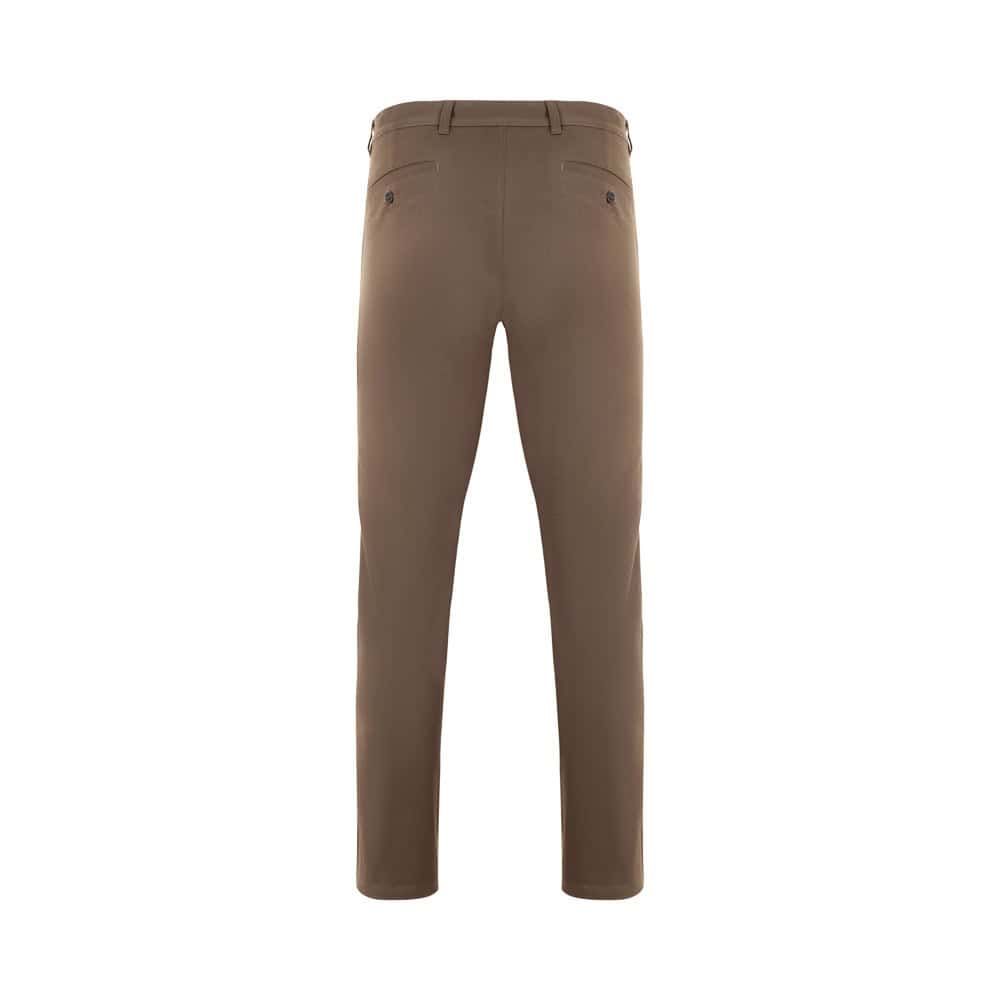 Mörkbruna stretch chinobyxor i bomull och elastan, unisex design.