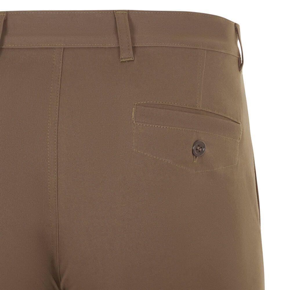 Närbild på Vishnu unisex stretch chinobyxor i bomull och elastan, visar bakficka och sömmar.