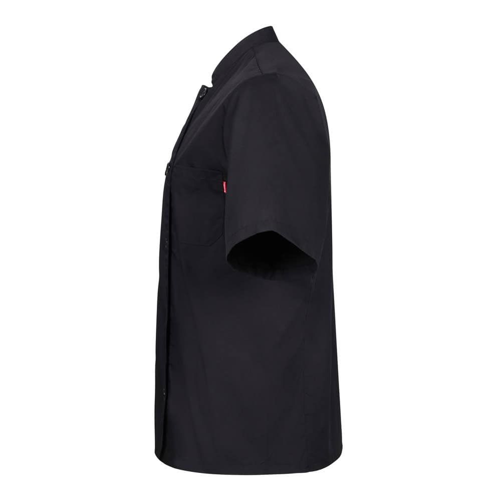Svart kortärmad köksjacka i bomull och polyester, perfekt för professionellt bruk.