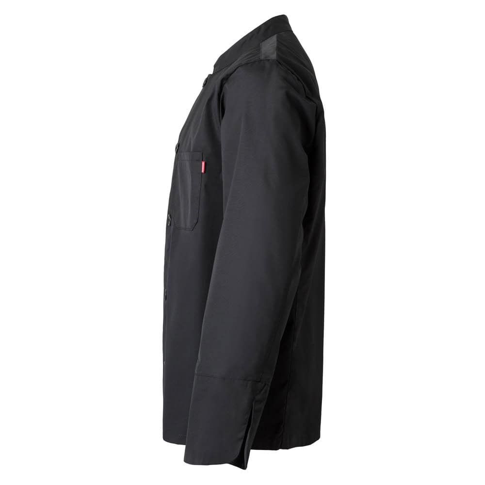 Svart långärmad köksjacka i bomull och polyester, perfekt för professionellt köksarbete.