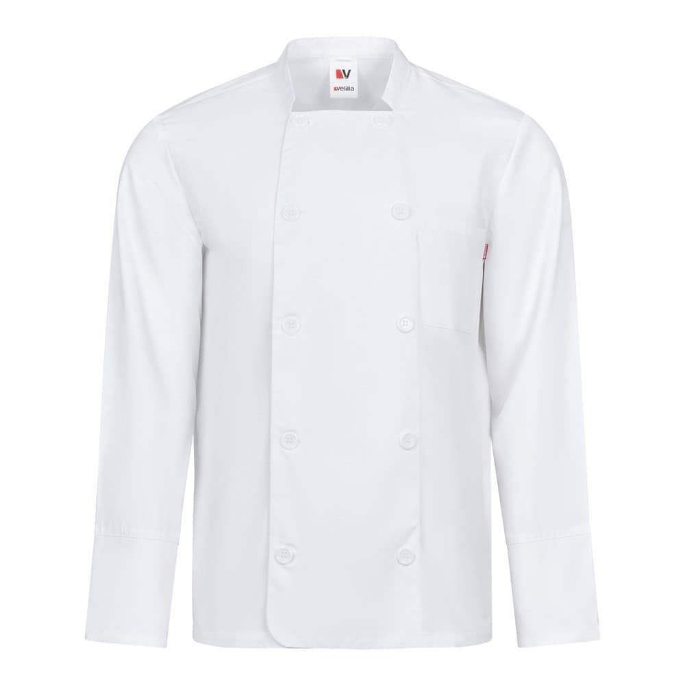 Vit långärmad köksjacka i bomull och polyester för professionellt bruk.