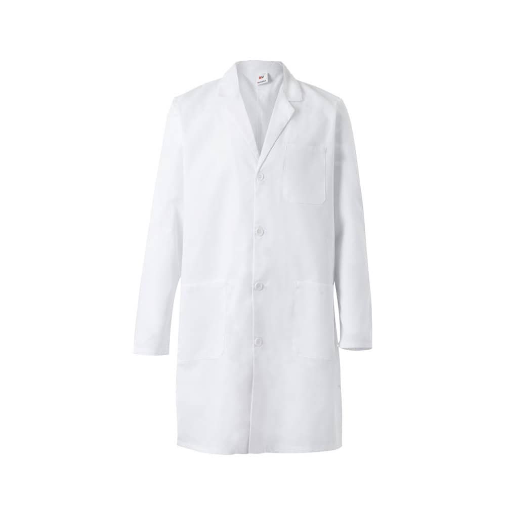 Laboratorierock i vitt, tillverkad av 180g/m² bomull och polyester för professionellt bruk.