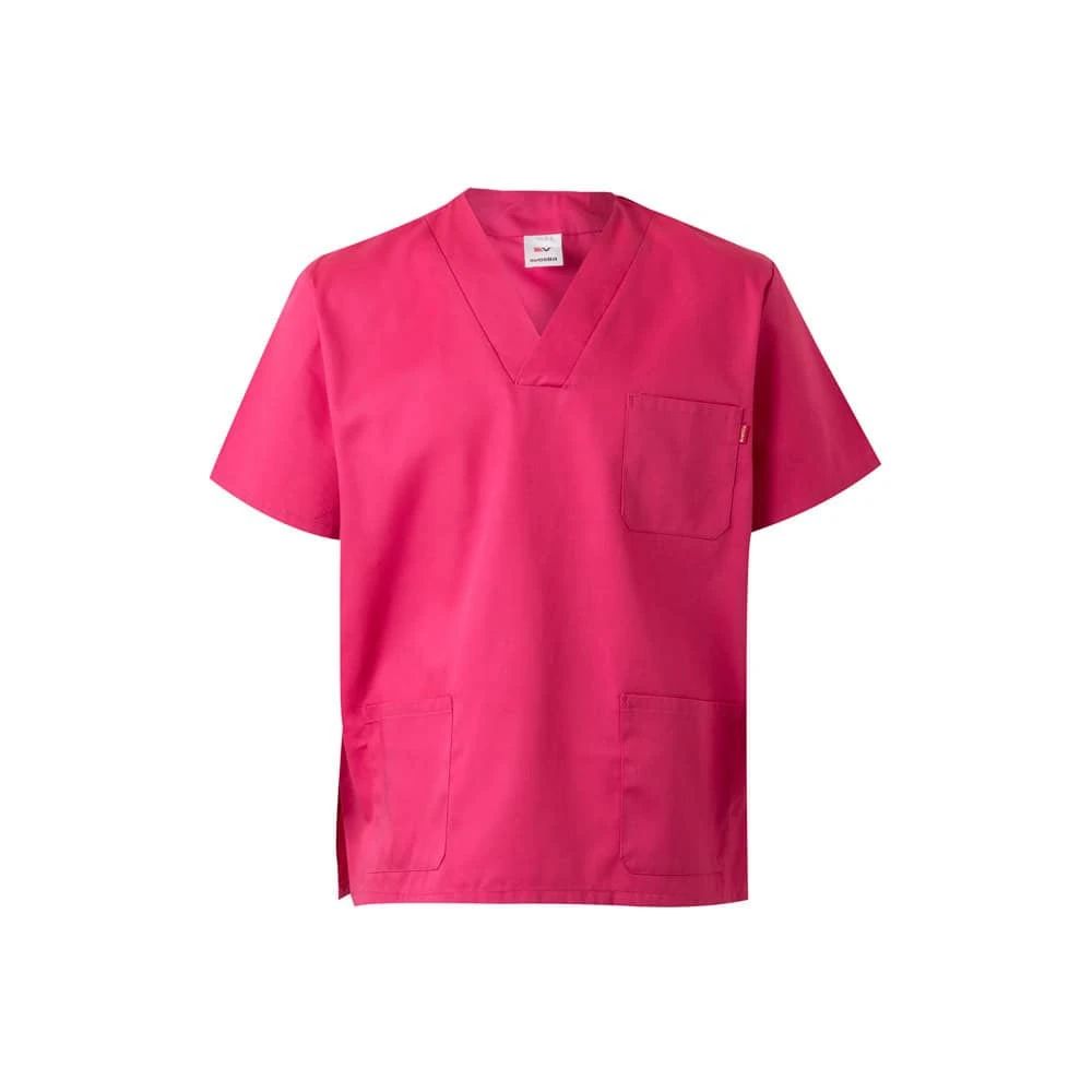 Twilltunika i rosa med korta ärmar, tillverkad av 65% polyester och 35% bomull, perfekt för arbetsmi.