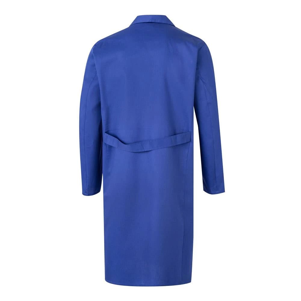 Blå twillblus i bomull och polyester, visad bakifrån.