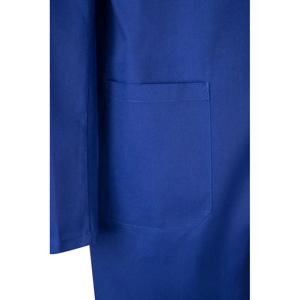 Blå arbetsrock med framficka i bomull och polyester.
