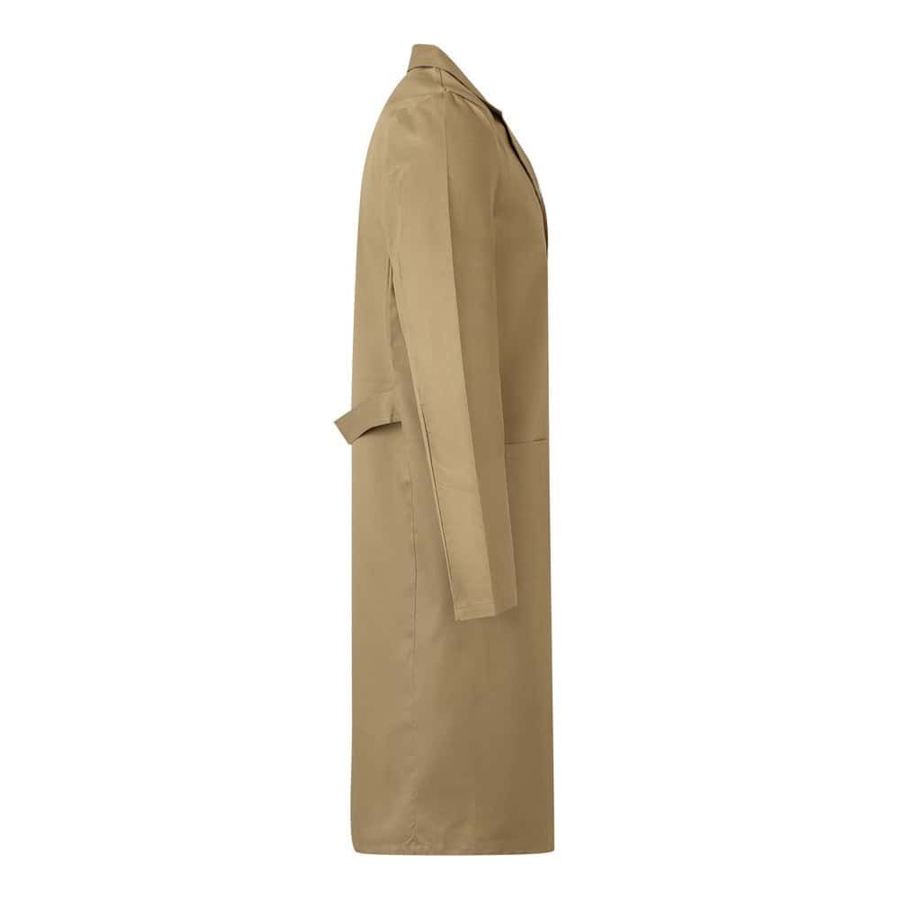 Lång beige trenchcoat i bomull och polyester, visad från sidan.