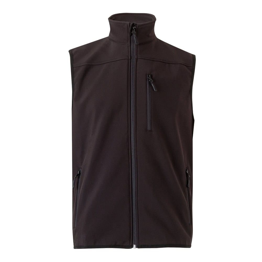 Mörkbrun soft shell-väst med dragkedja och fickor, i polyester och elastan.