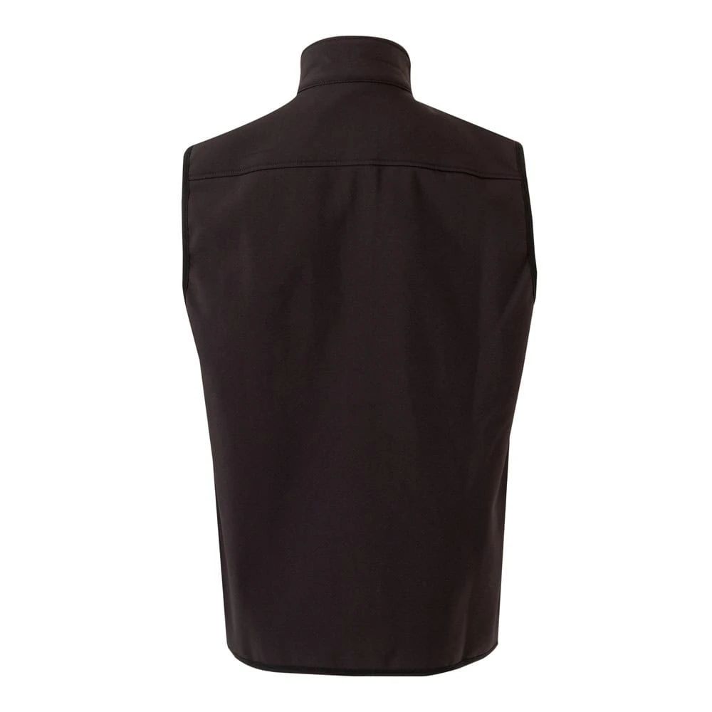 Svart soft shell-väst med polärt foder, 280g/m², i polyester och elastan.