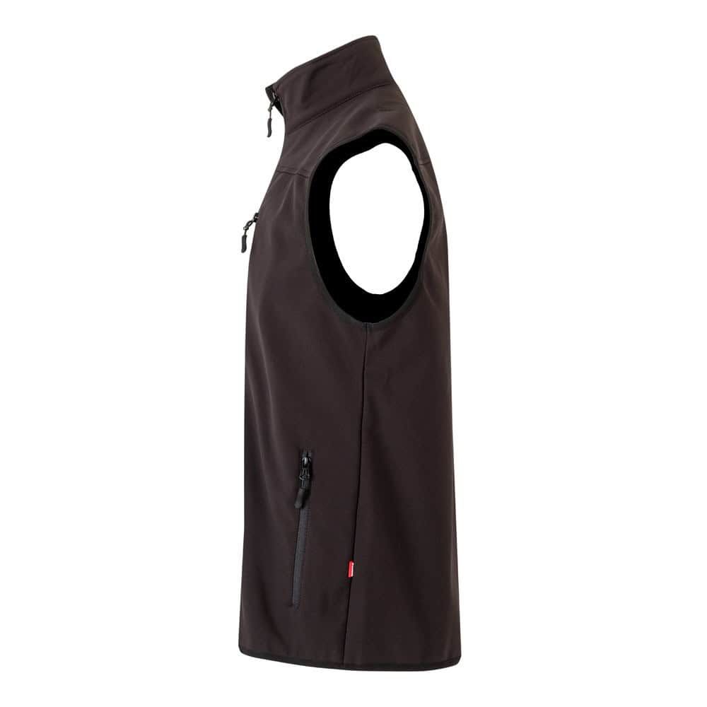 Svart soft shell-väst med dragkedjor och elastiskt material.