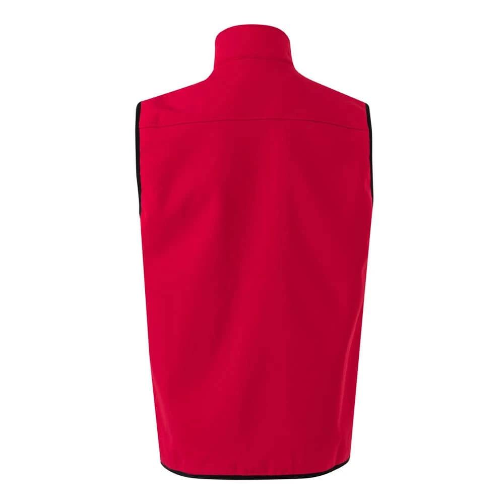 Röd soft shell-väst med polärt foder, polyester och elastan.