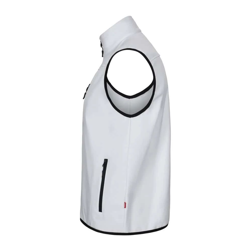 Vit soft shell-väst med polärt foder och dragkedja i sidan.