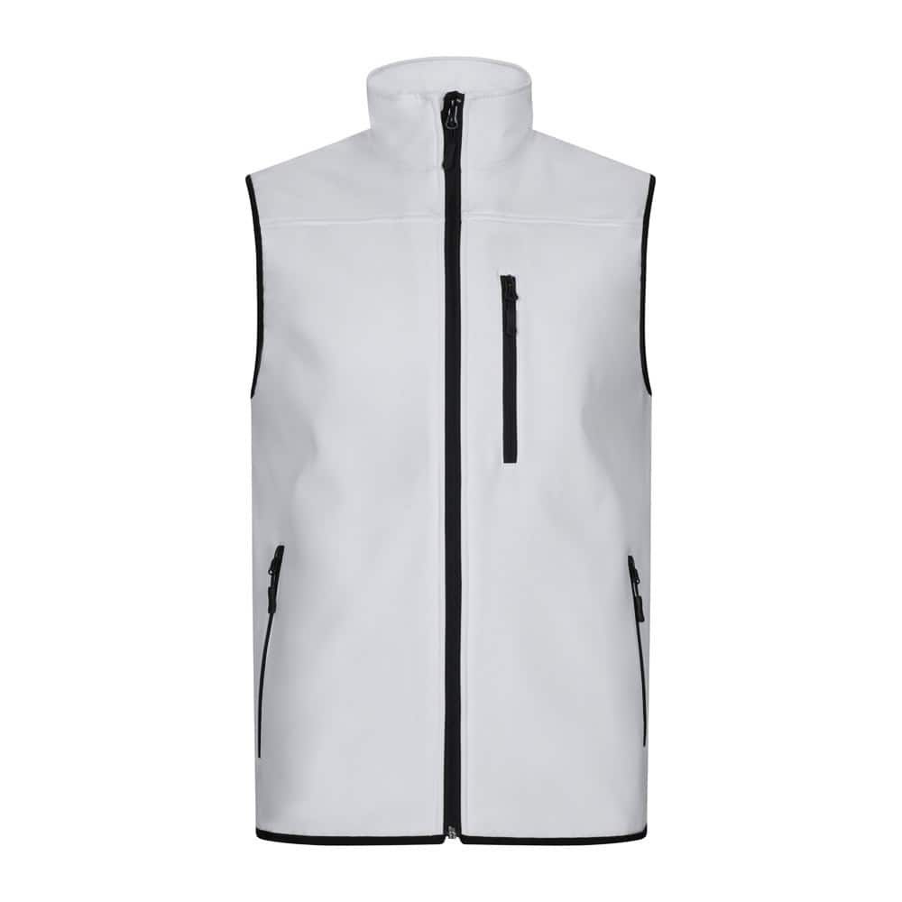 Vit soft shell-väst med dragkedja och fickor, perfekt för kallt väder.