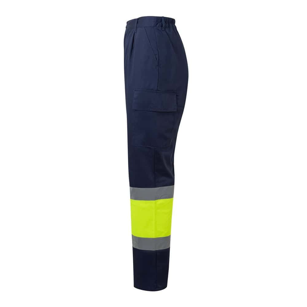 Blå arbetsbyxor med reflexband, twillmaterial, för säkerhet och komfort.