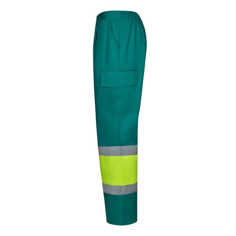 Blåa arbetsbyxor med reflexband för säkerhet och synlighet.