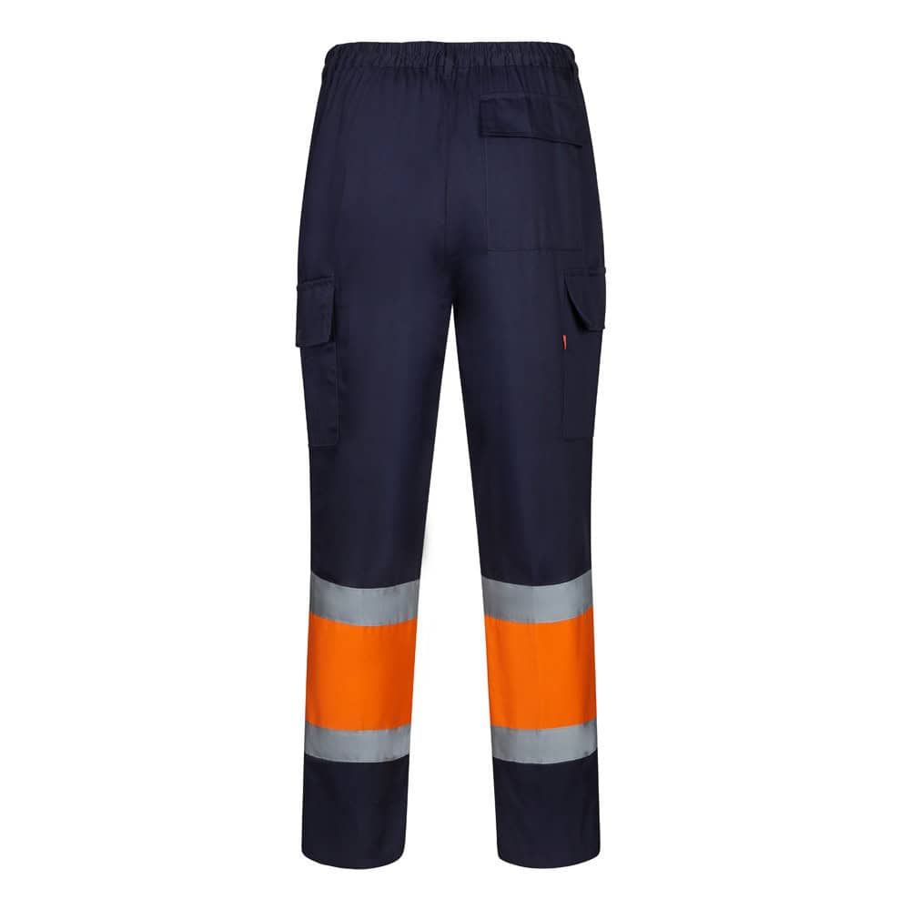 Mörkblå arbetsbyxor med orange och reflexremsor, i twillmaterial.