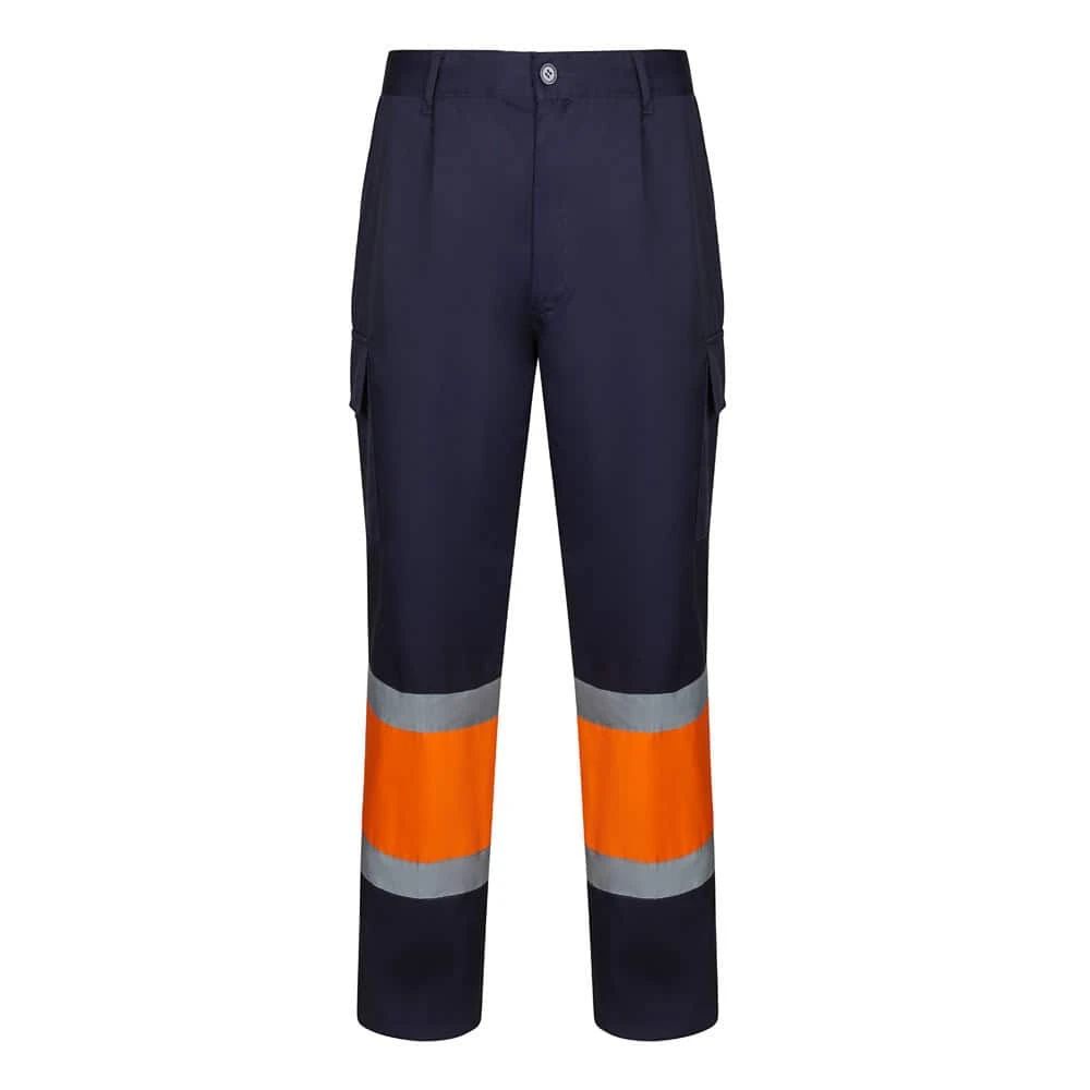 Tvåfärgade arbetsbyxor i twill med reflexdetaljer, blå och orange.