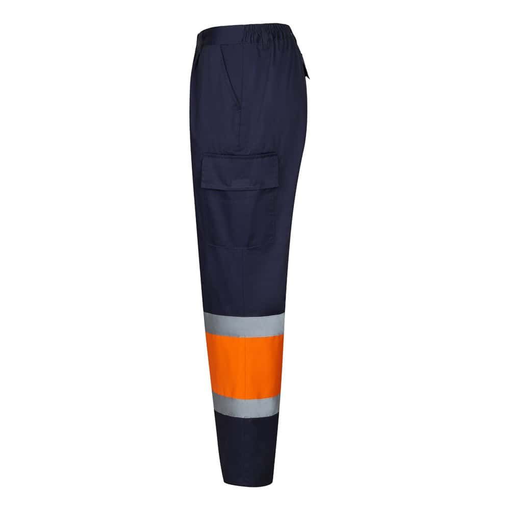 Tvåfärgade arbetsbyxor i twill, blå med orange reflexband.