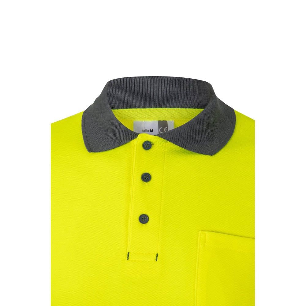 Högsynlig väst med pikétröja-stil, i neonfärgad och mörkgrå färg.