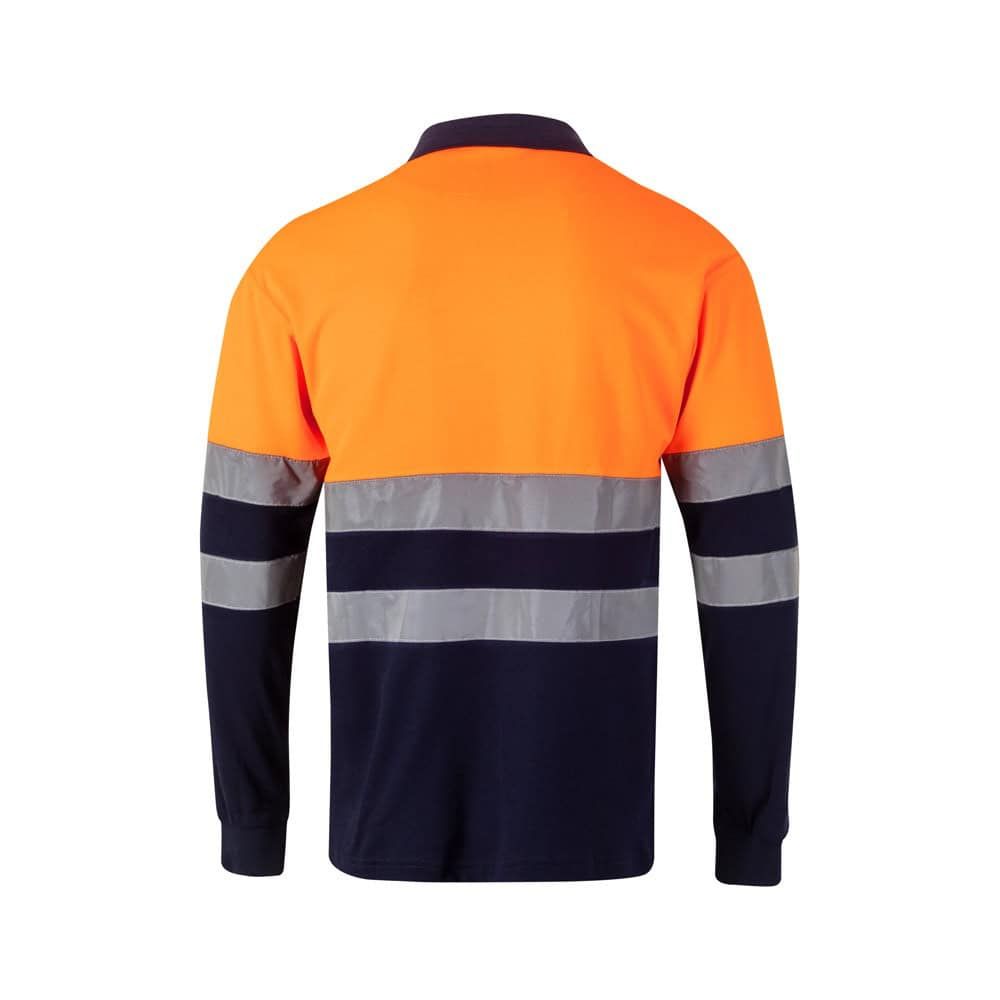 Orange och navyblå väst med reflekterande band för säkerhet.