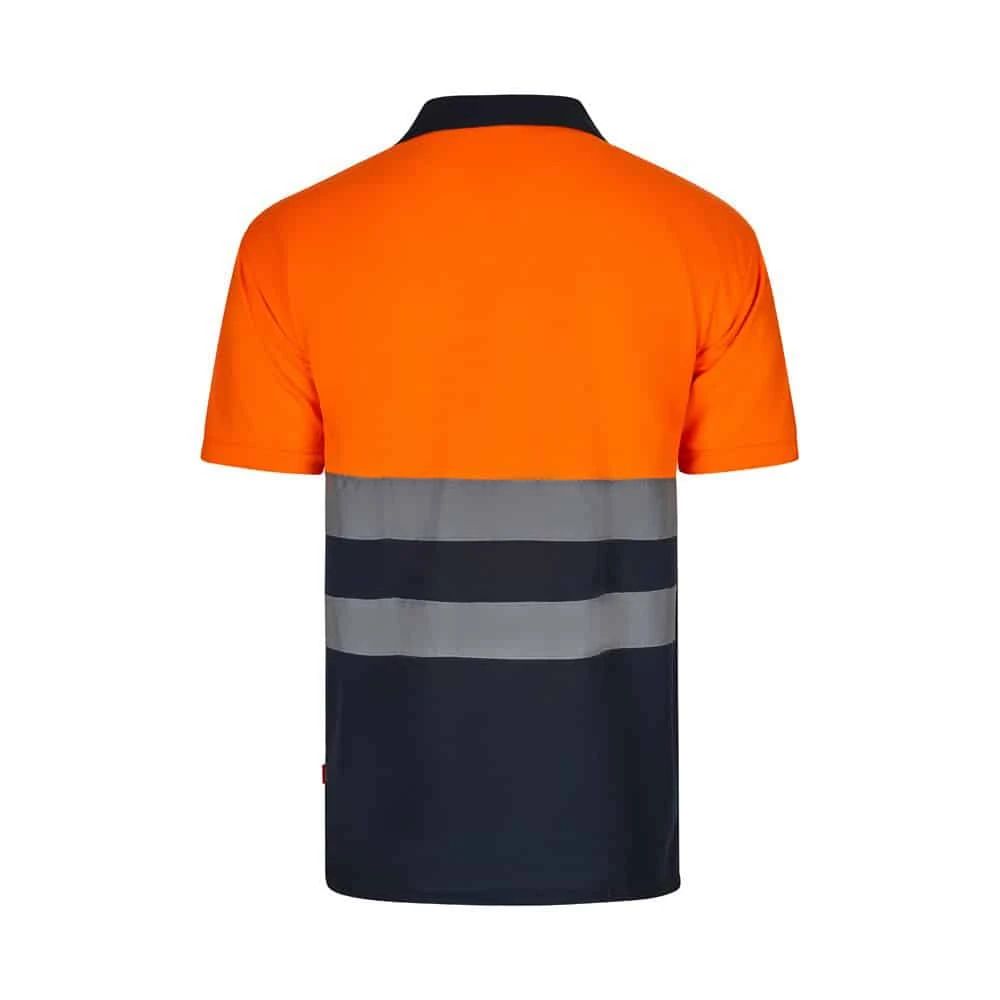 Orange och navyblå arbets- och reflextröja i polyester, korta ärmar.