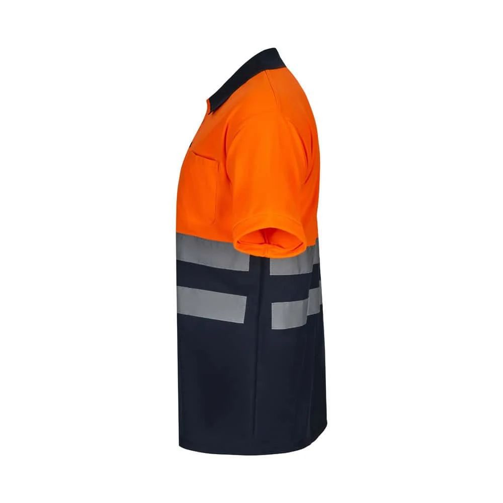 Arbetskläder i orange och navy med reflexremsor, korta ärmar, för säkerhet och synlighet.