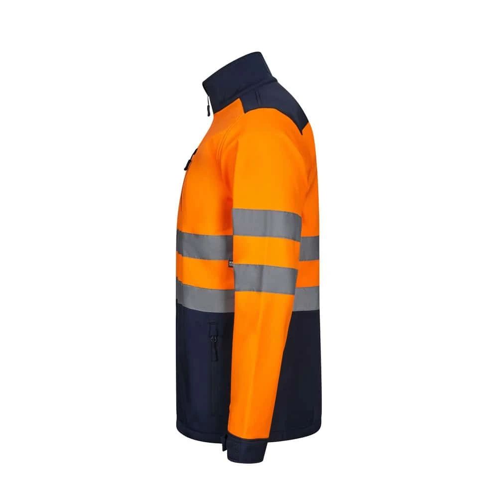 Orange och navyblå softshellväst med reflekterande band för synlighet.
