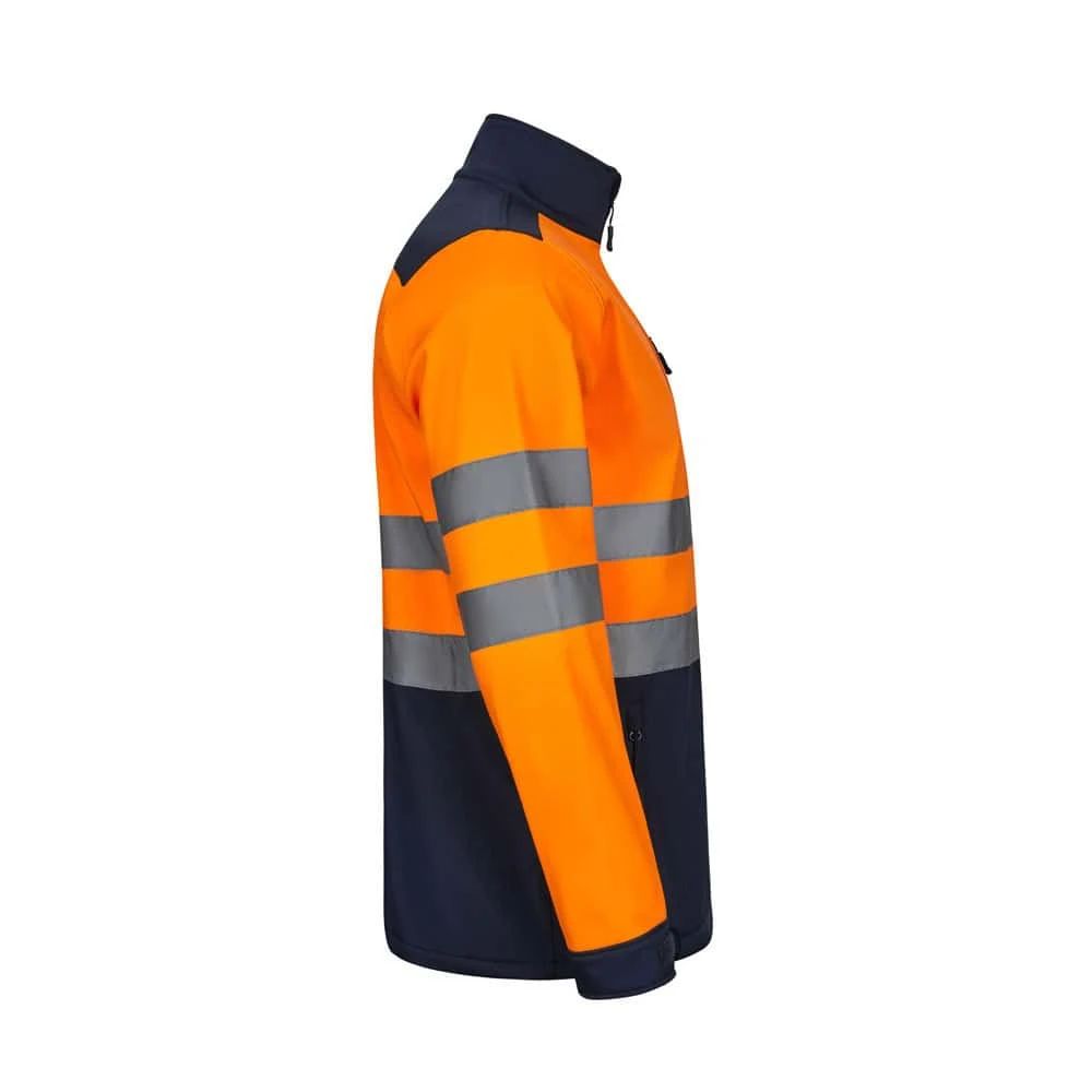 Softshellväst i orange och navy med reflekterande band för säkerhet.