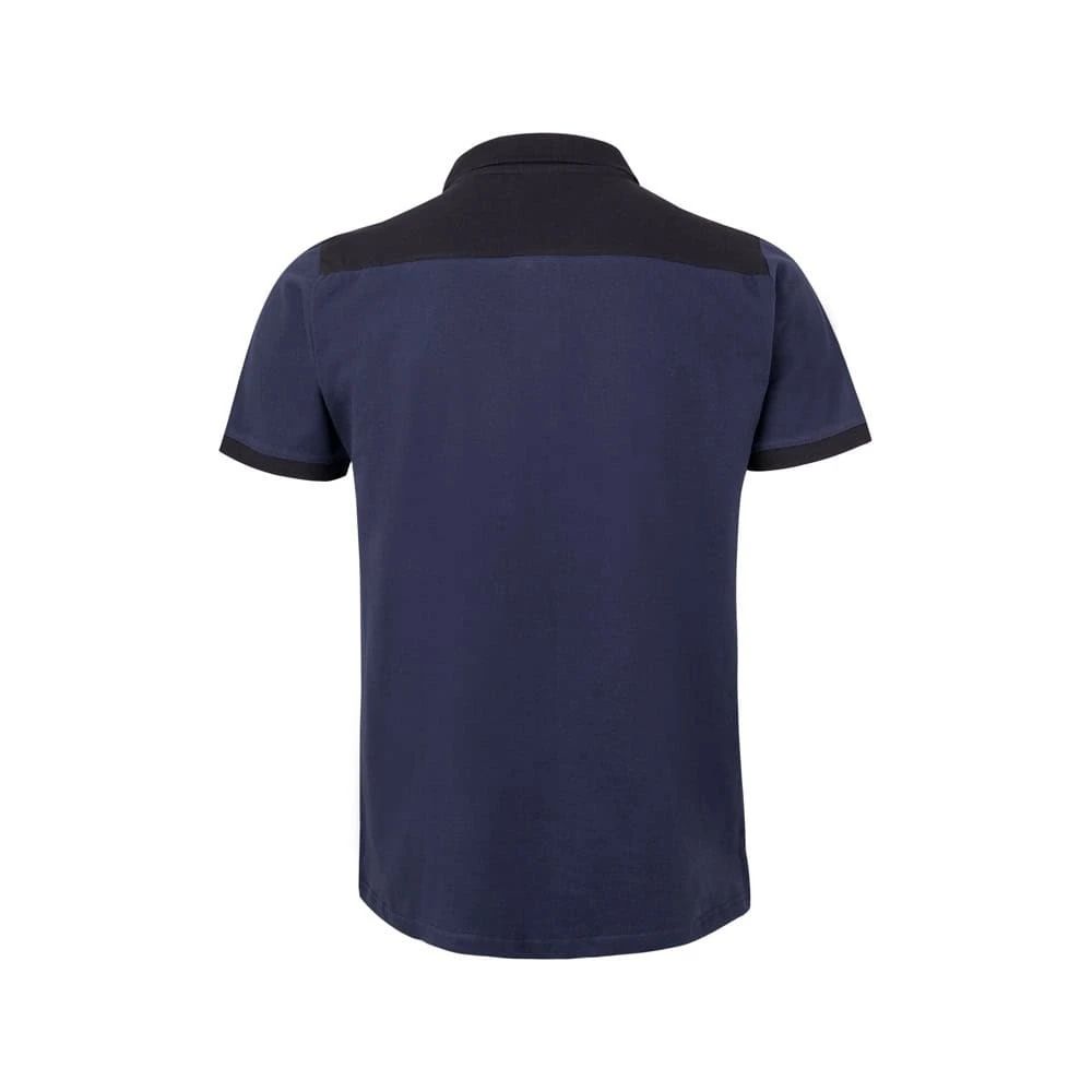 Mörkblå pikétröja i stretchig polyester med elastan, korta ärmar och kontrastfärgad krage.